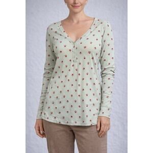 No Boundaries Women's Long Sleeved Ribbed Henley Sleep Top Mushroom Print Size L